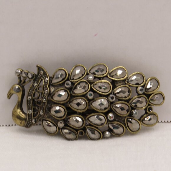 Vintage Peacock Hair Clip/Brooch Pin Teardrop Rhinestones -missing 2 tiny stones - Picture 2 of 9
